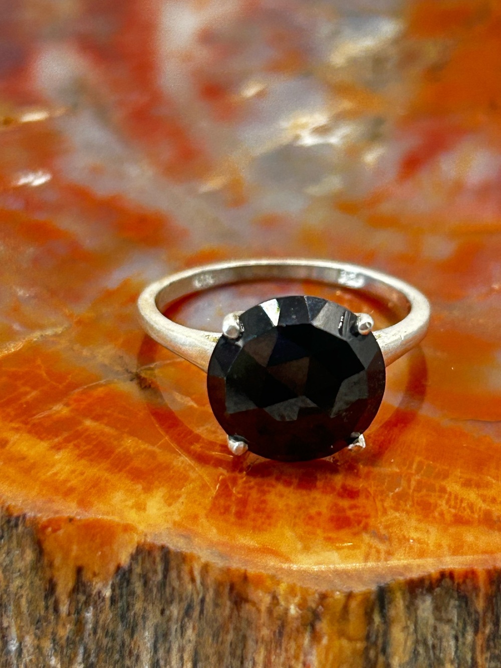 Traditional Faceted Black Onyx Ring, Sterling Silver - size 7